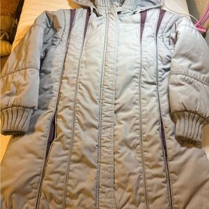 Vintage Light Gray Puffer Coat with Purple Accents